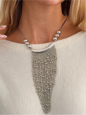 Silver Fringe Beaded Statement Necklace